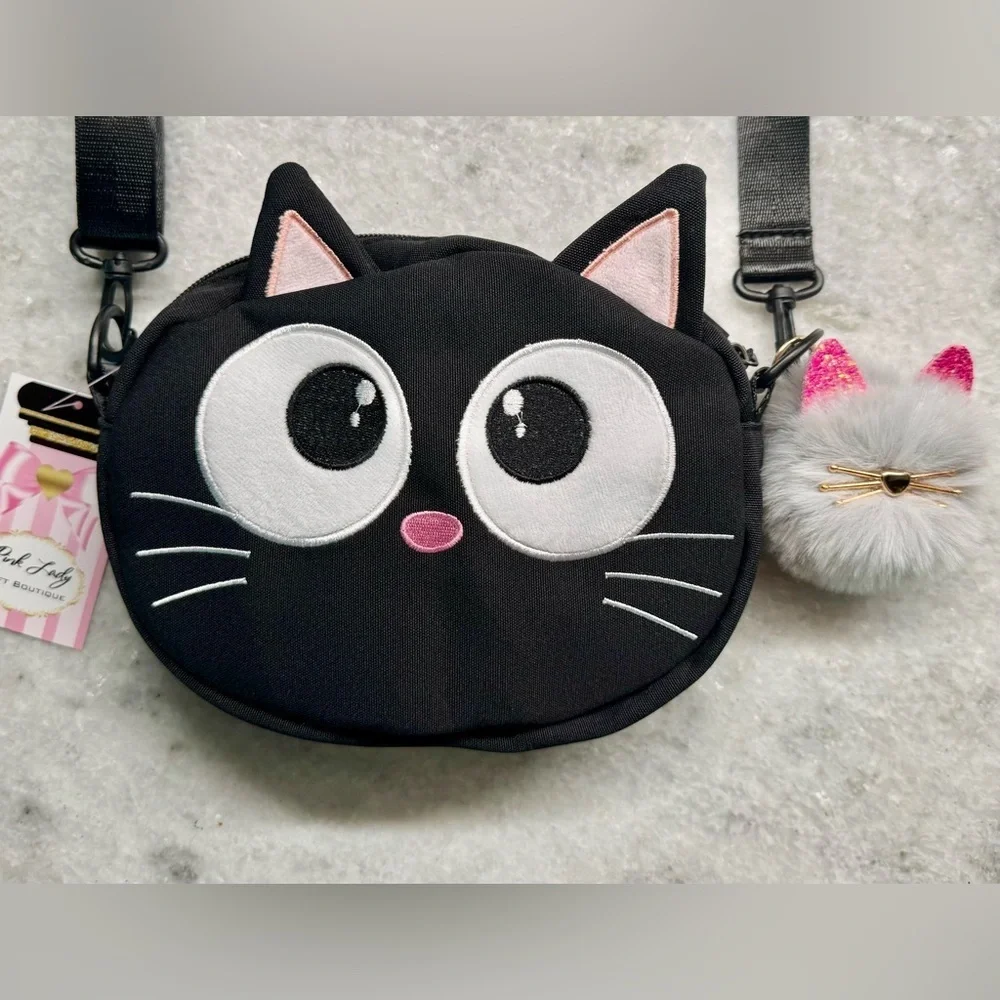 New Black Cat Crossbody Shoulder Purse Bag w/ Pink & Gray Bag Charm - 8” x 6”